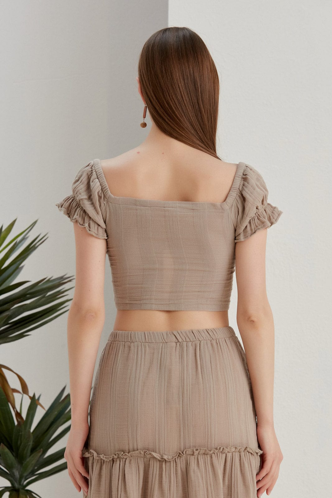 Begonville Bluz Mara Müslin Pamuk Crop-Top - Bej