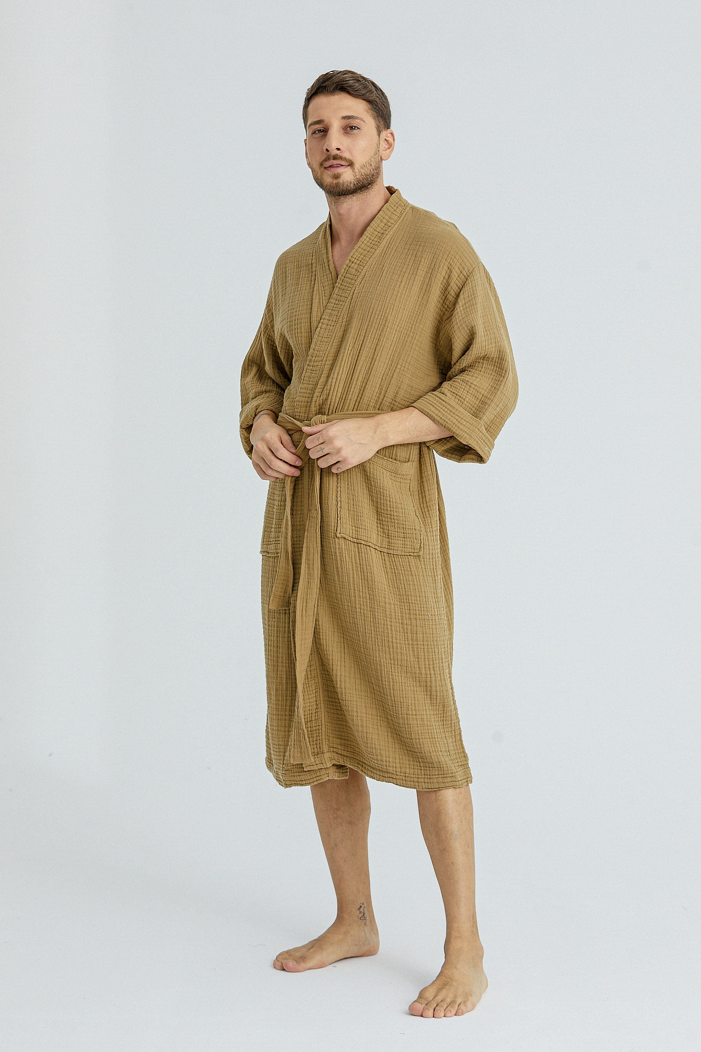 Begonville Bornoz Cassia Müslin Erkek Bornozu - Bej