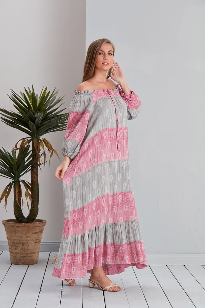 Begonville Elbise Gisele Oversize Uzun Elbise - Gri / Pembe