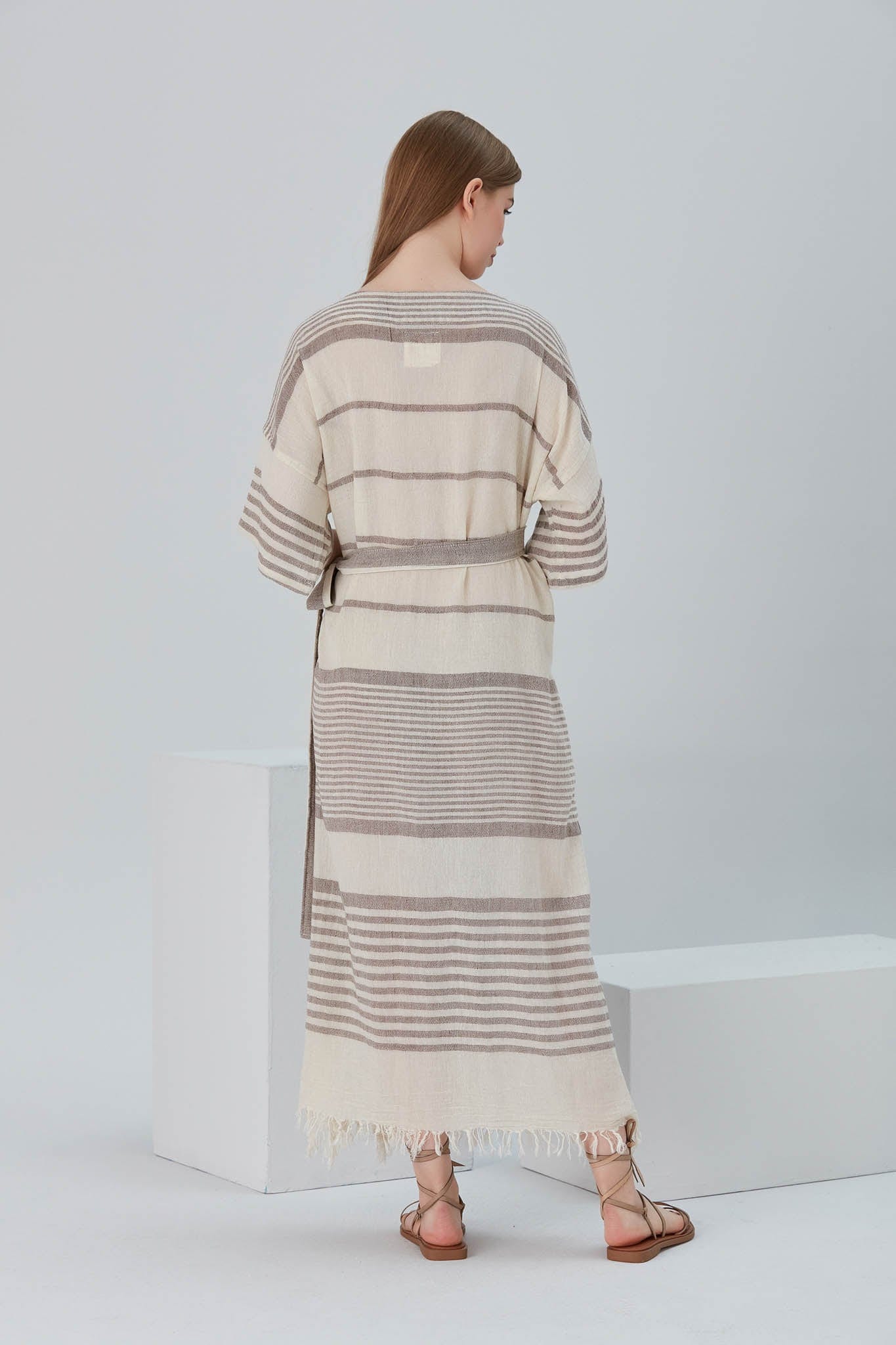 Begonville Elbise Nala Ketenli Kruvaze Uzun Elbise - Clara Bej