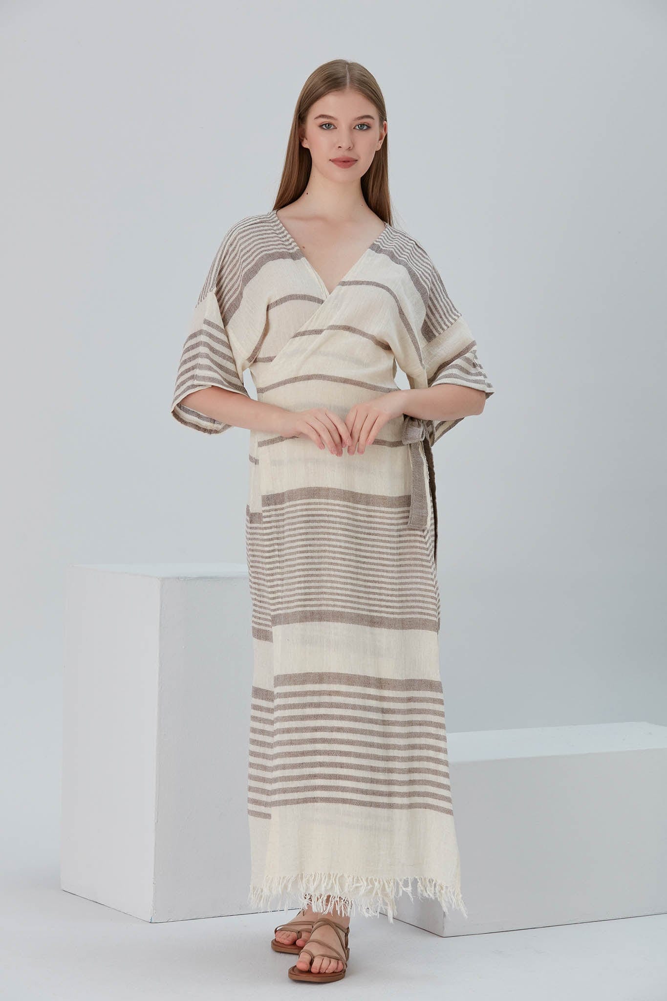 Begonville Elbise Nala Ketenli Kruvaze Uzun Elbise - Clara Bej