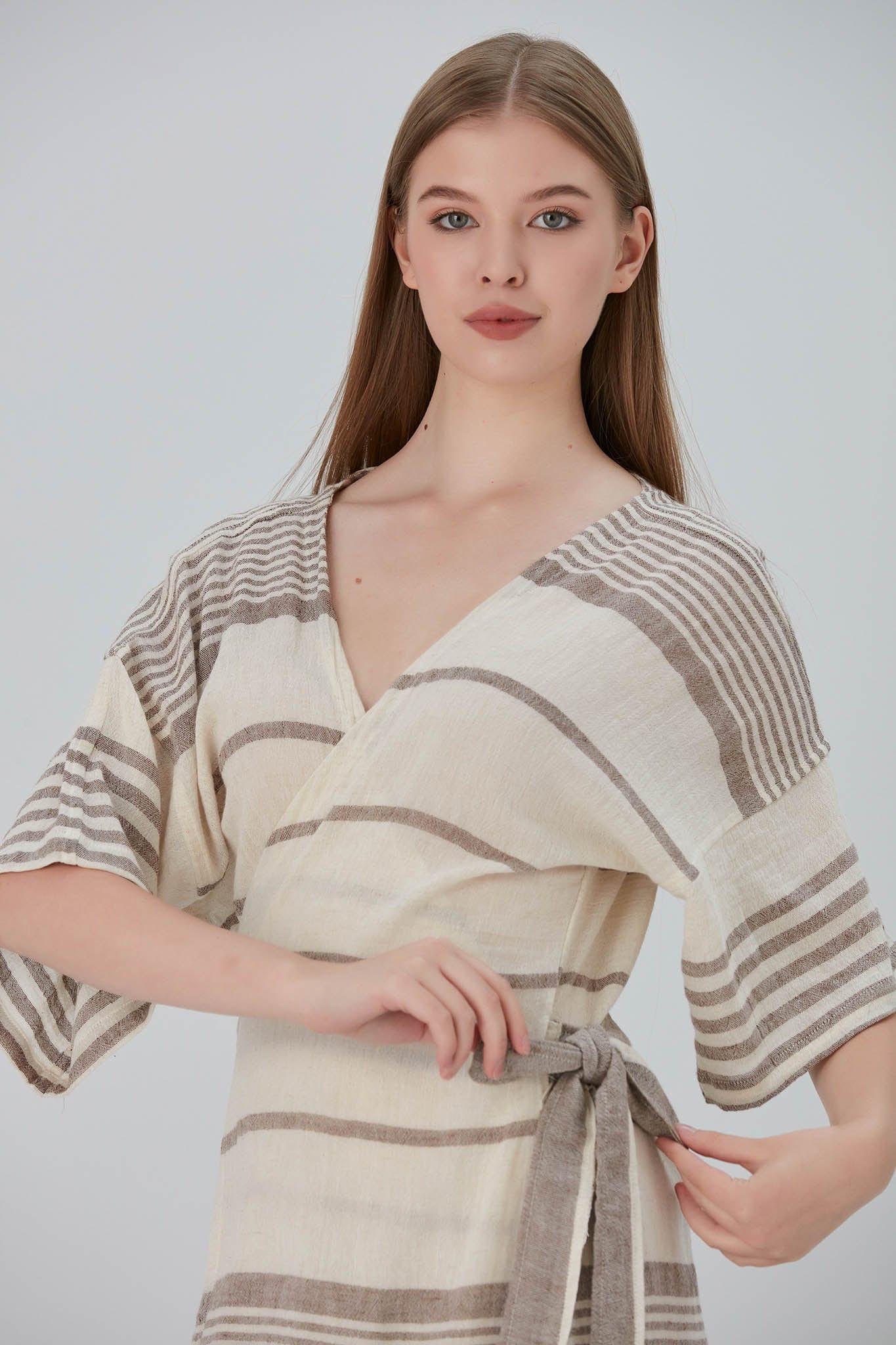 Begonville Elbise Nala Ketenli Kruvaze Uzun Elbise - Clara Bej