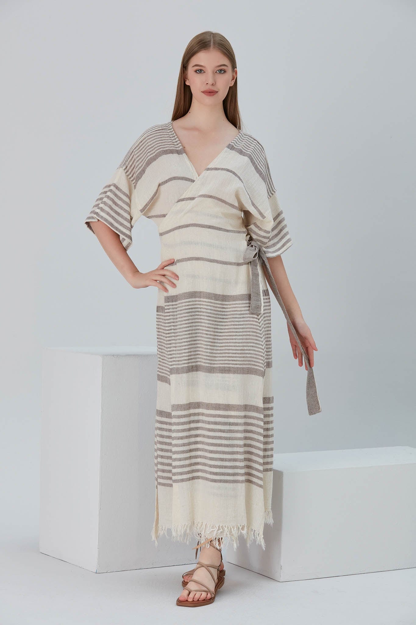 Begonville Elbise Nala Ketenli Kruvaze Uzun Elbise - Clara Bej