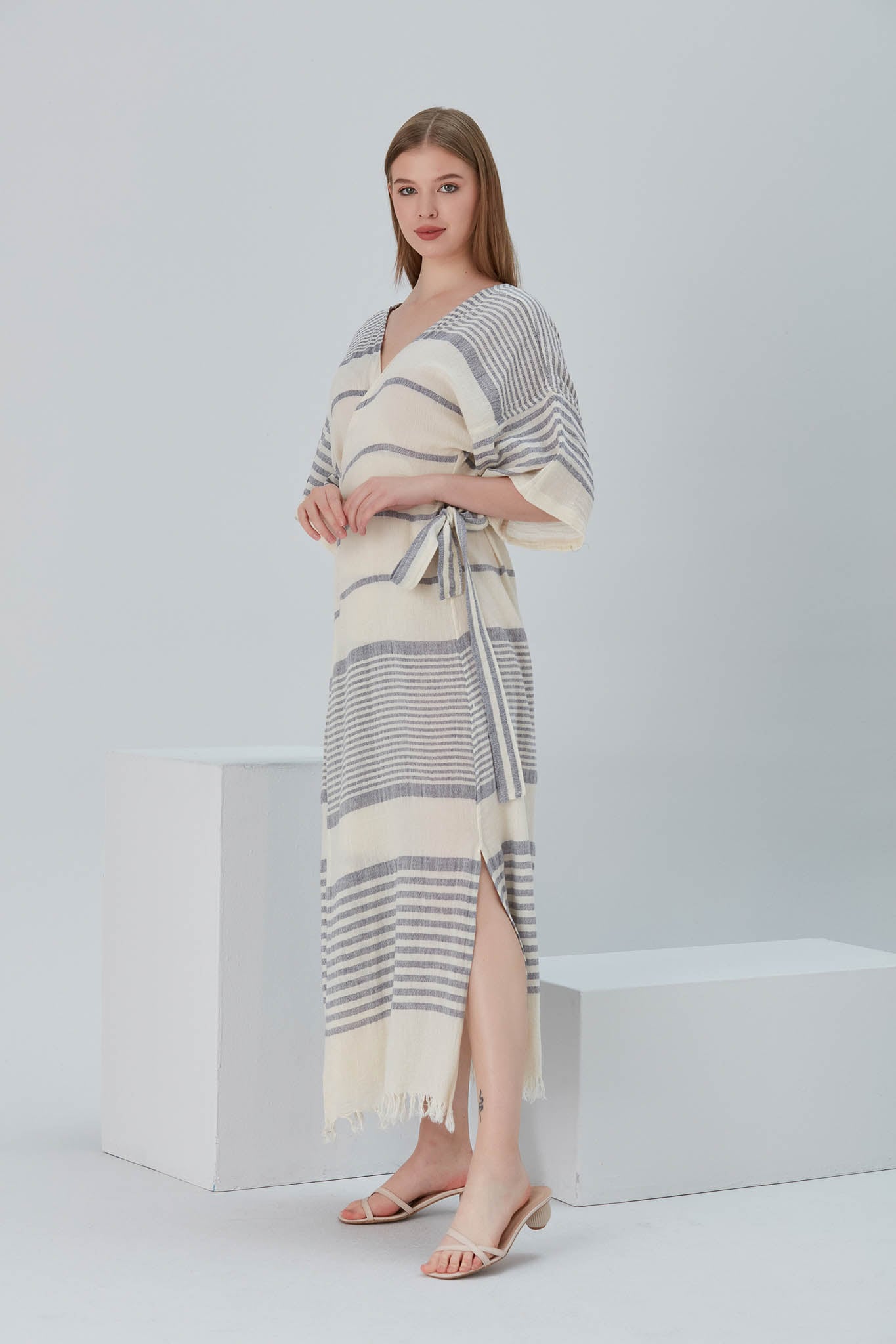 Begonville Elbise Nala Ketenli Kruvaze Uzun Elbise - Clara Mavi