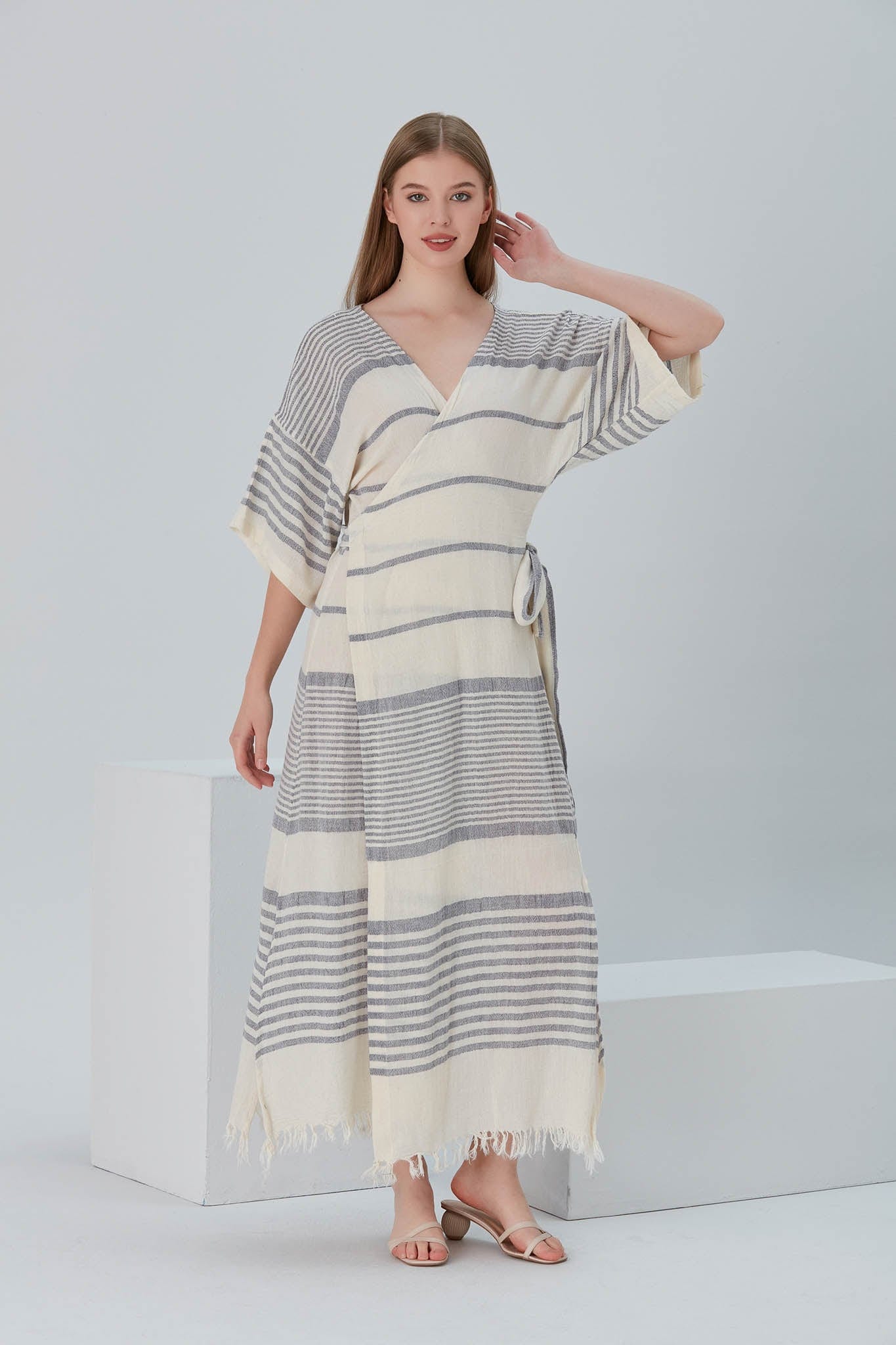 Begonville Elbise Nala Ketenli Kruvaze Uzun Elbise - Clara Mavi