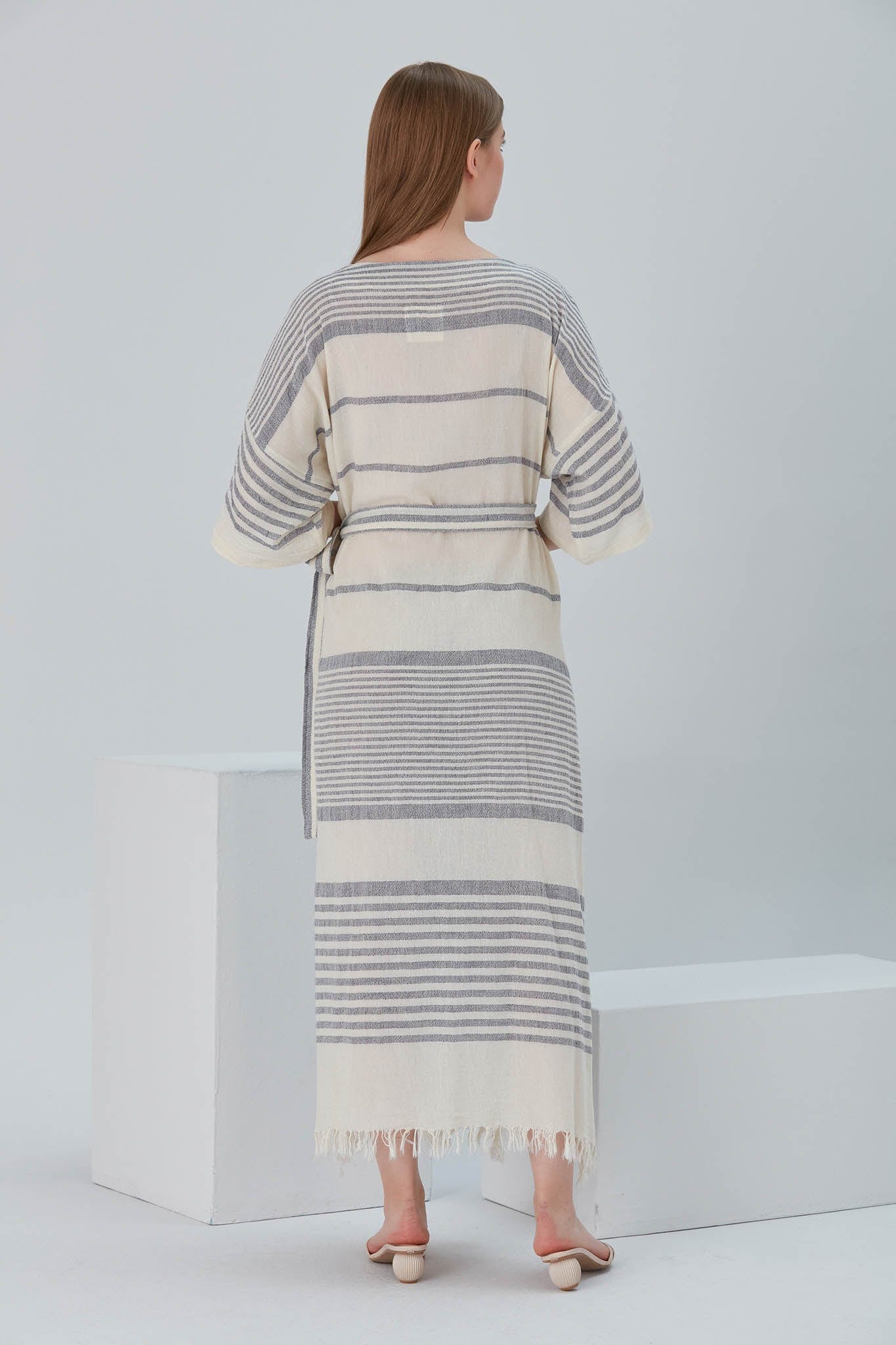 Begonville Elbise Nala Ketenli Kruvaze Uzun Elbise - Clara Mavi