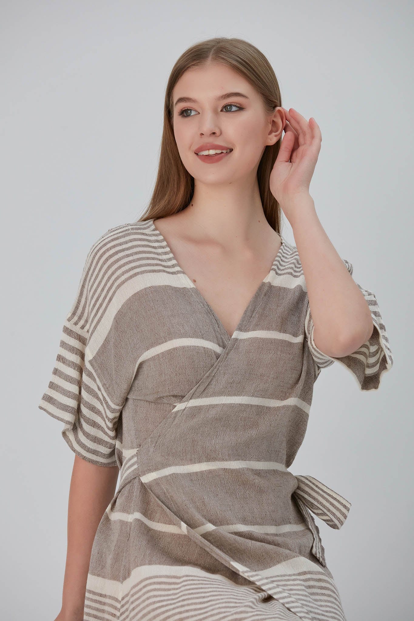 Begonville Elbise Nala Ketenli Kruvaze Uzun Elbise - Dylan Bej