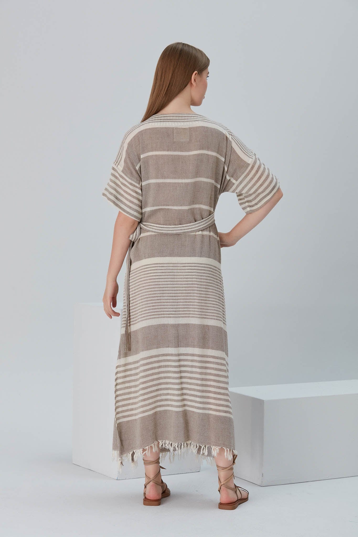 Begonville Elbise Nala Ketenli Kruvaze Uzun Elbise - Dylan Bej