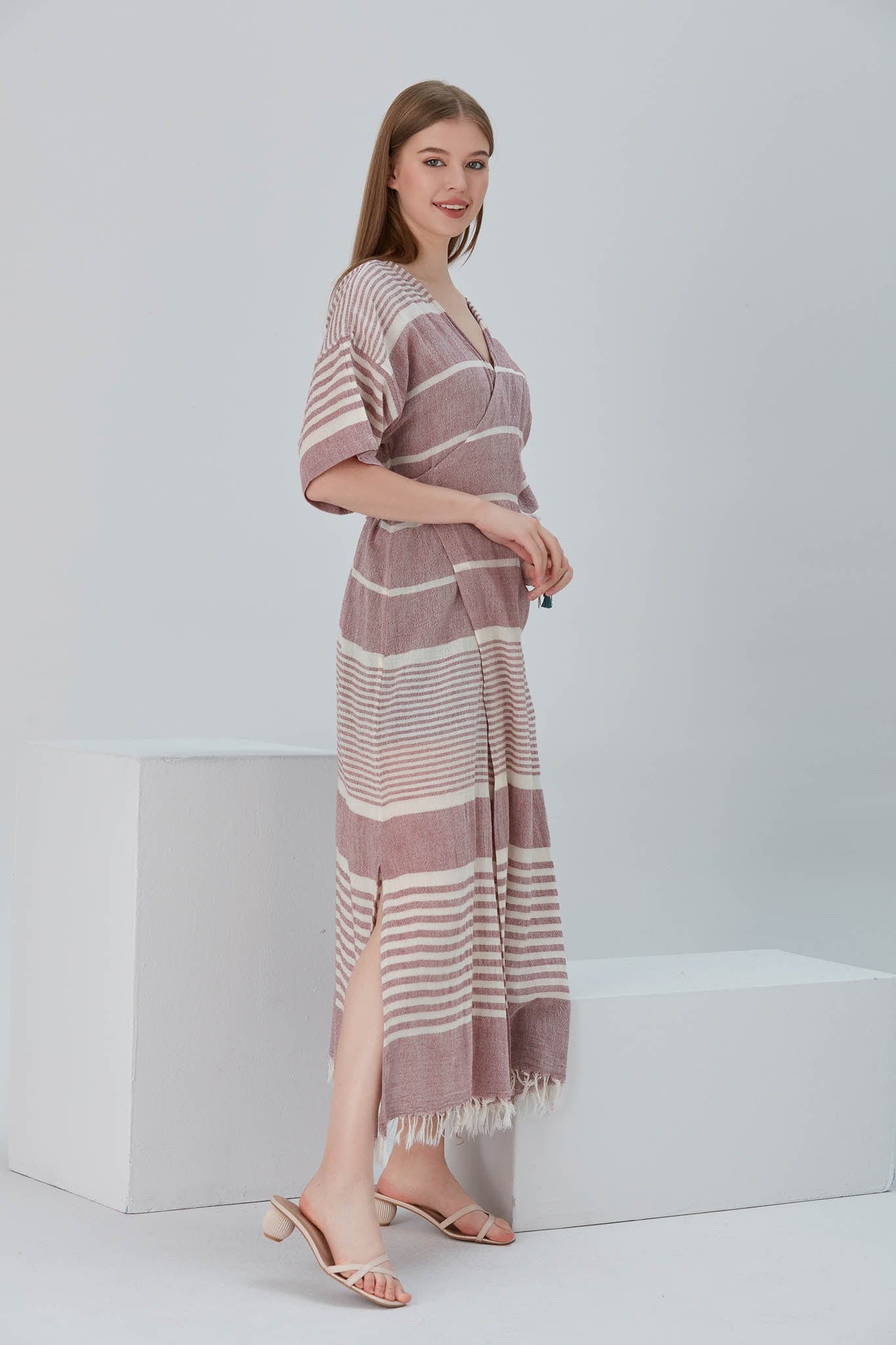 Begonville Elbise Nala Ketenli Kruvaze Uzun Elbise - Dylan Kırmızı