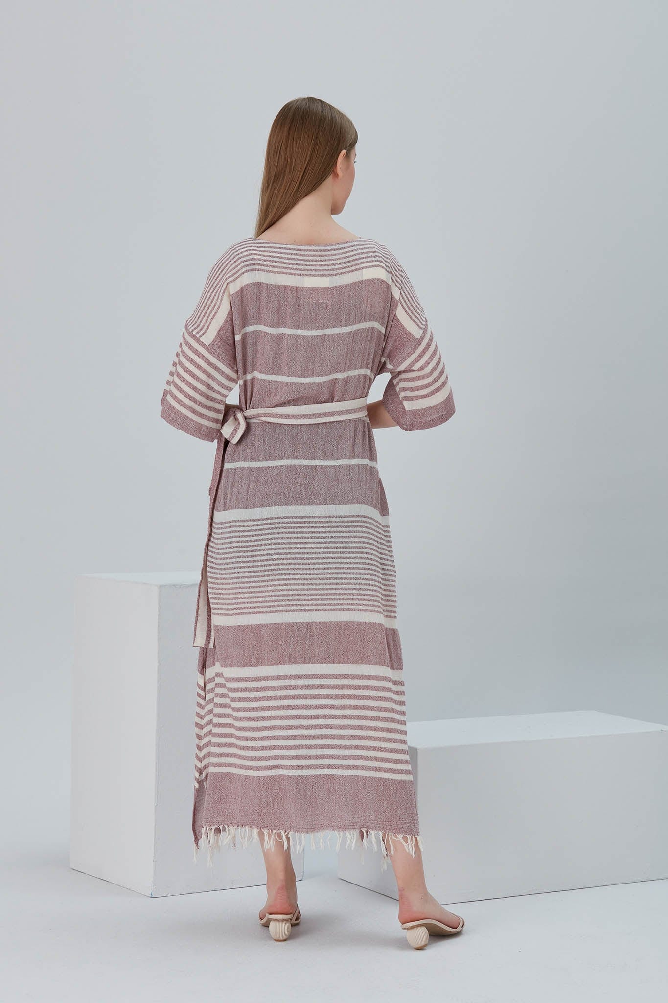 Begonville Elbise Nala Ketenli Kruvaze Uzun Elbise - Dylan Kırmızı