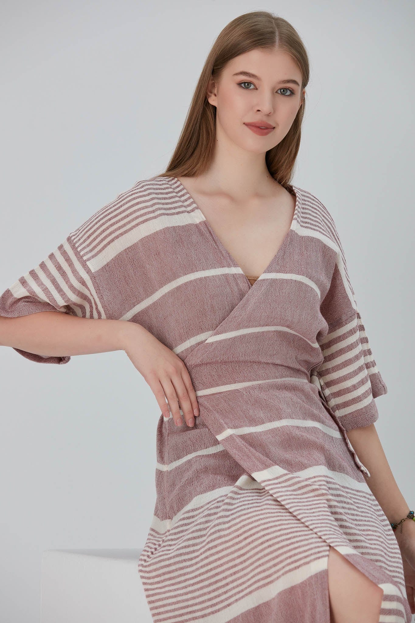 Begonville Elbise Nala Ketenli Kruvaze Uzun Elbise - Dylan Kırmızı