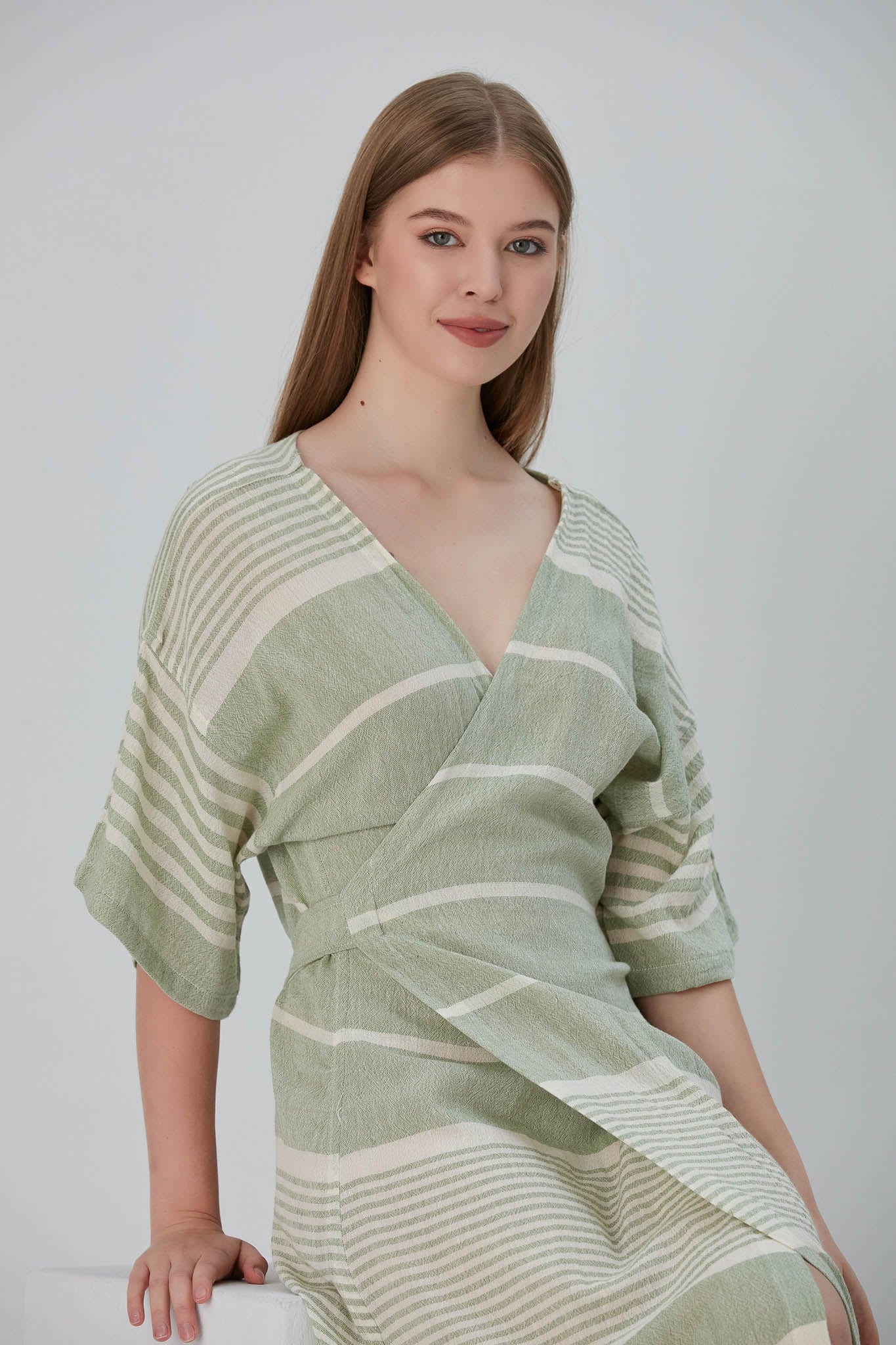 Begonville Elbise Nala Ketenli Kruvaze Uzun Elbise - Dylan Yeşil