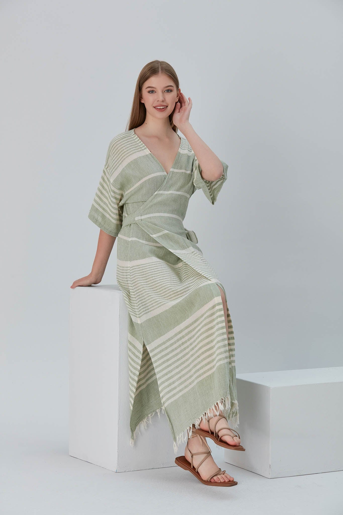 Begonville Elbise Nala Ketenli Kruvaze Uzun Elbise - Dylan Yeşil