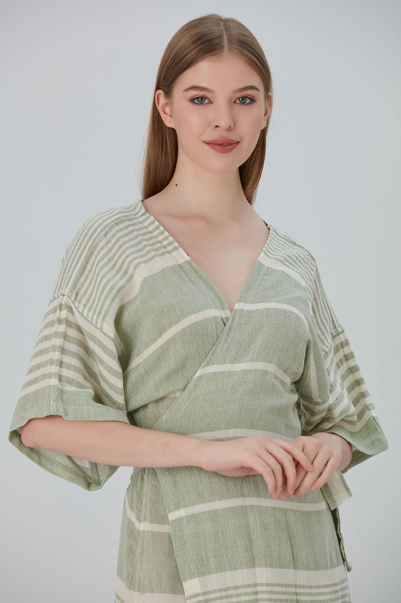 Begonville Elbise Nala Ketenli Kruvaze Uzun Elbise - Dylan Yeşil