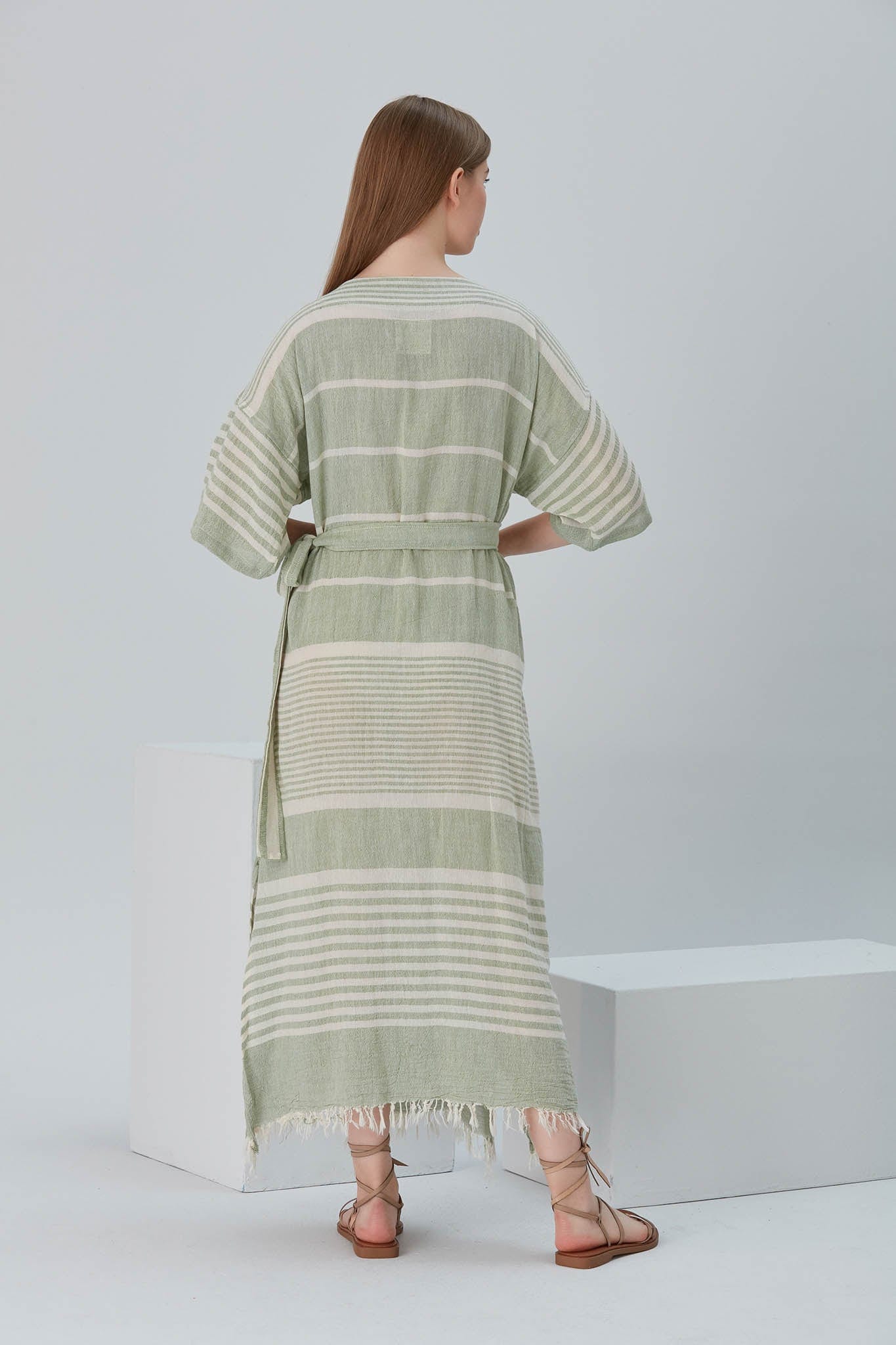 Begonville Elbise Nala Ketenli Kruvaze Uzun Elbise - Dylan Yeşil