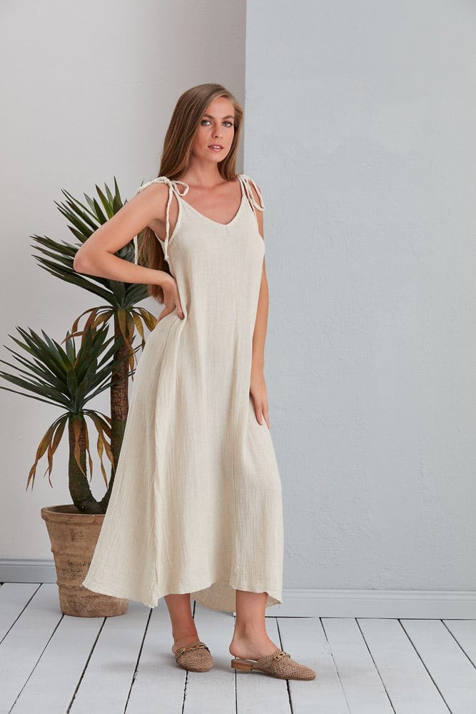Begonville Uzun Elbise Sunmer Askılı Uzun Elbise - Keten Ekru