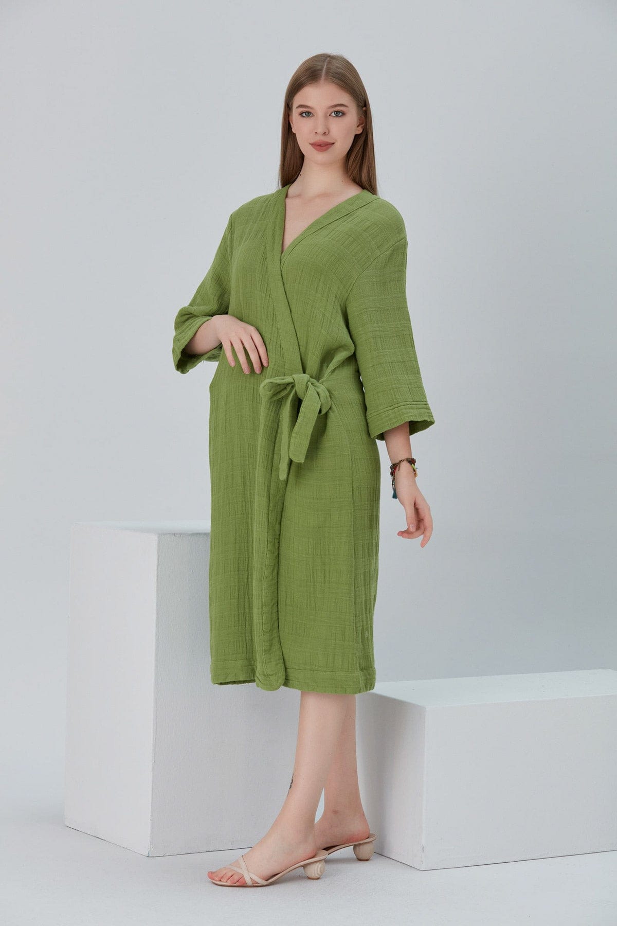 Begonville Bornoz Cara Yandan Bağlamalı Pamuk Bornoz Kimono - Yeşil