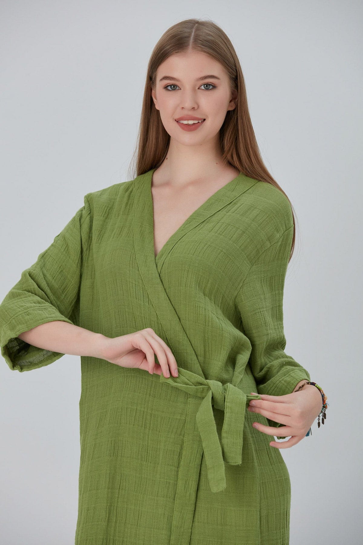 Begonville Bornoz Cara Yandan Bağlamalı Pamuk Bornoz Kimono - Yeşil