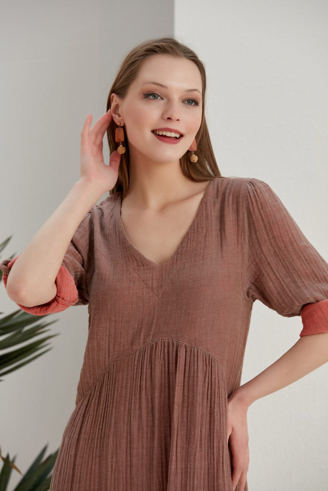 Begonville Elbise Lena İki Renkli Müslin Midi Elbise - Kahve