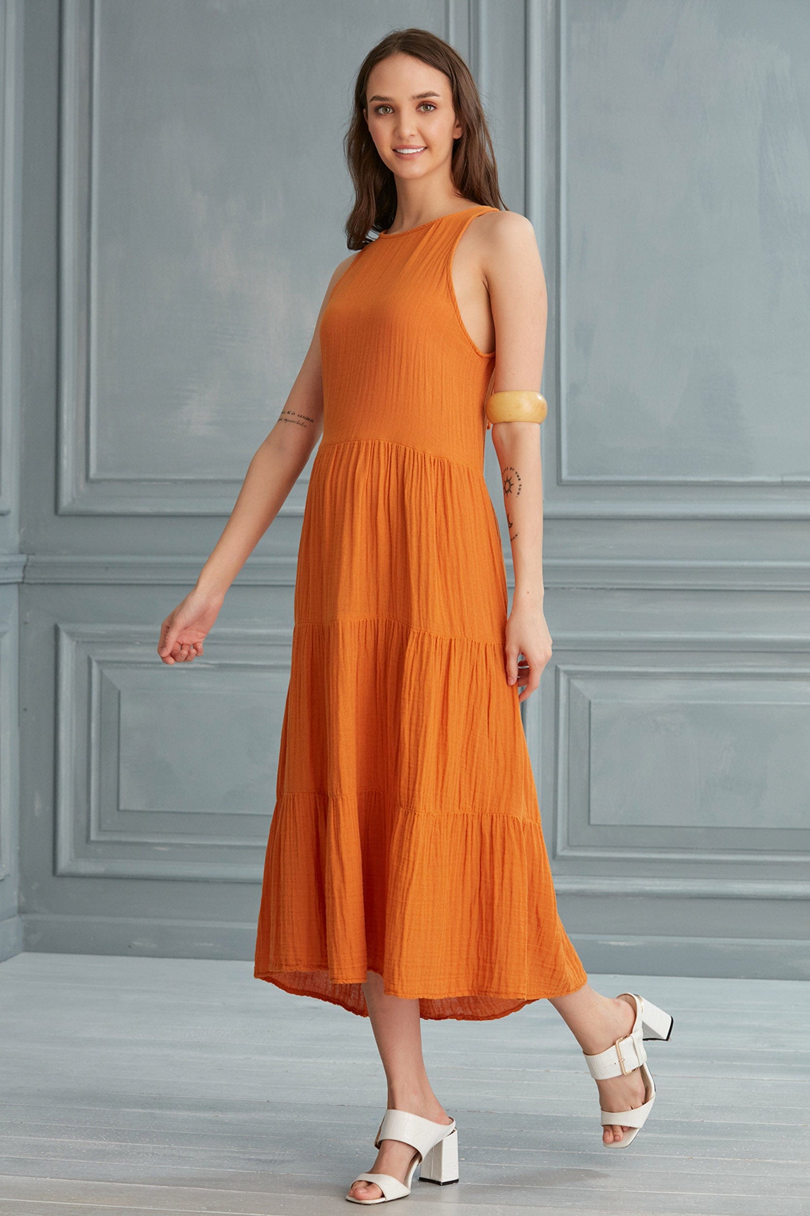 Begonville Elbise Lily Kat Kat Sırt Detaylı Midi Elbise - Turuncu