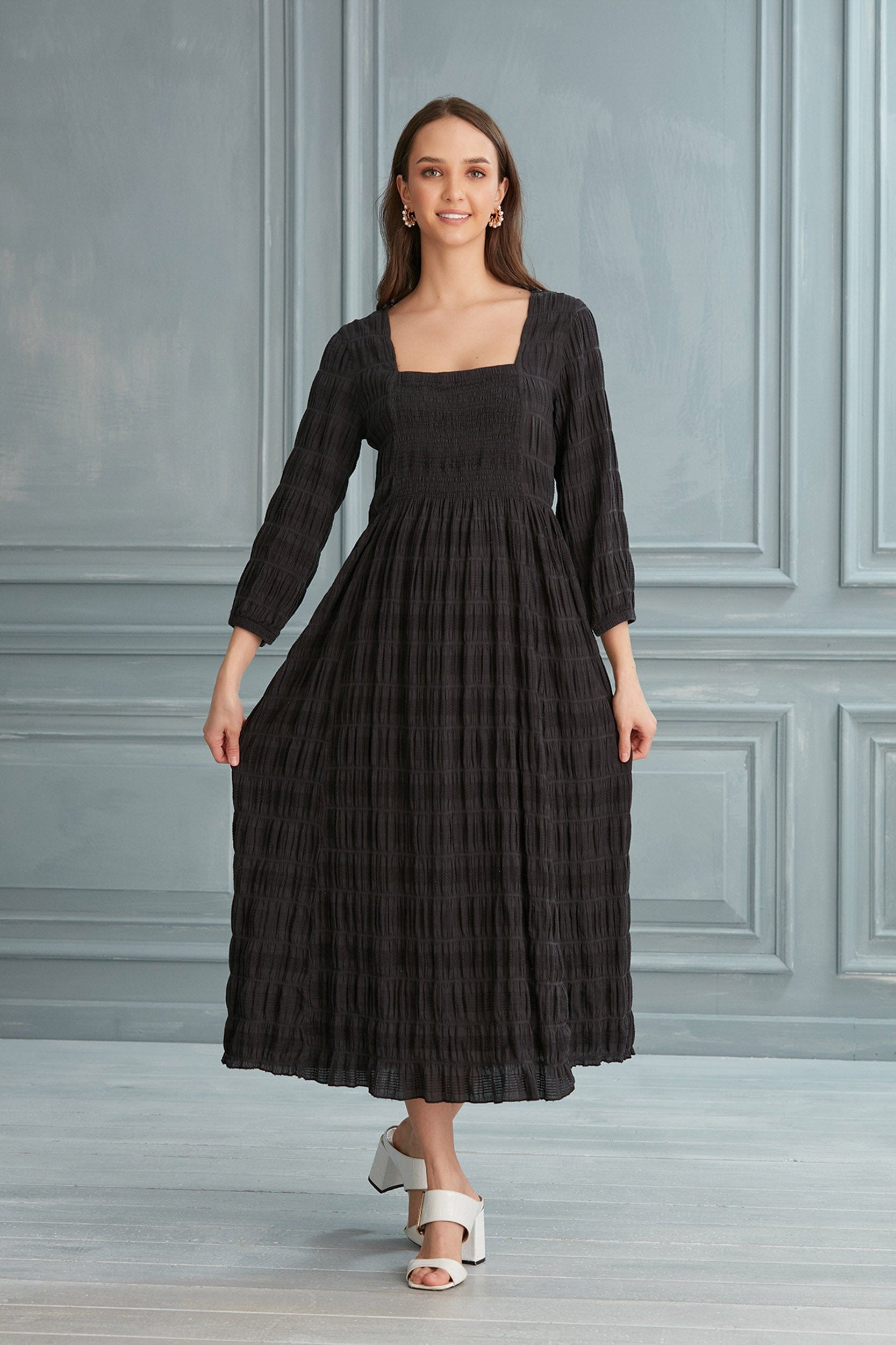 Begonville Elbise Suki Kare Yakalı Midi Elbise - Siyah