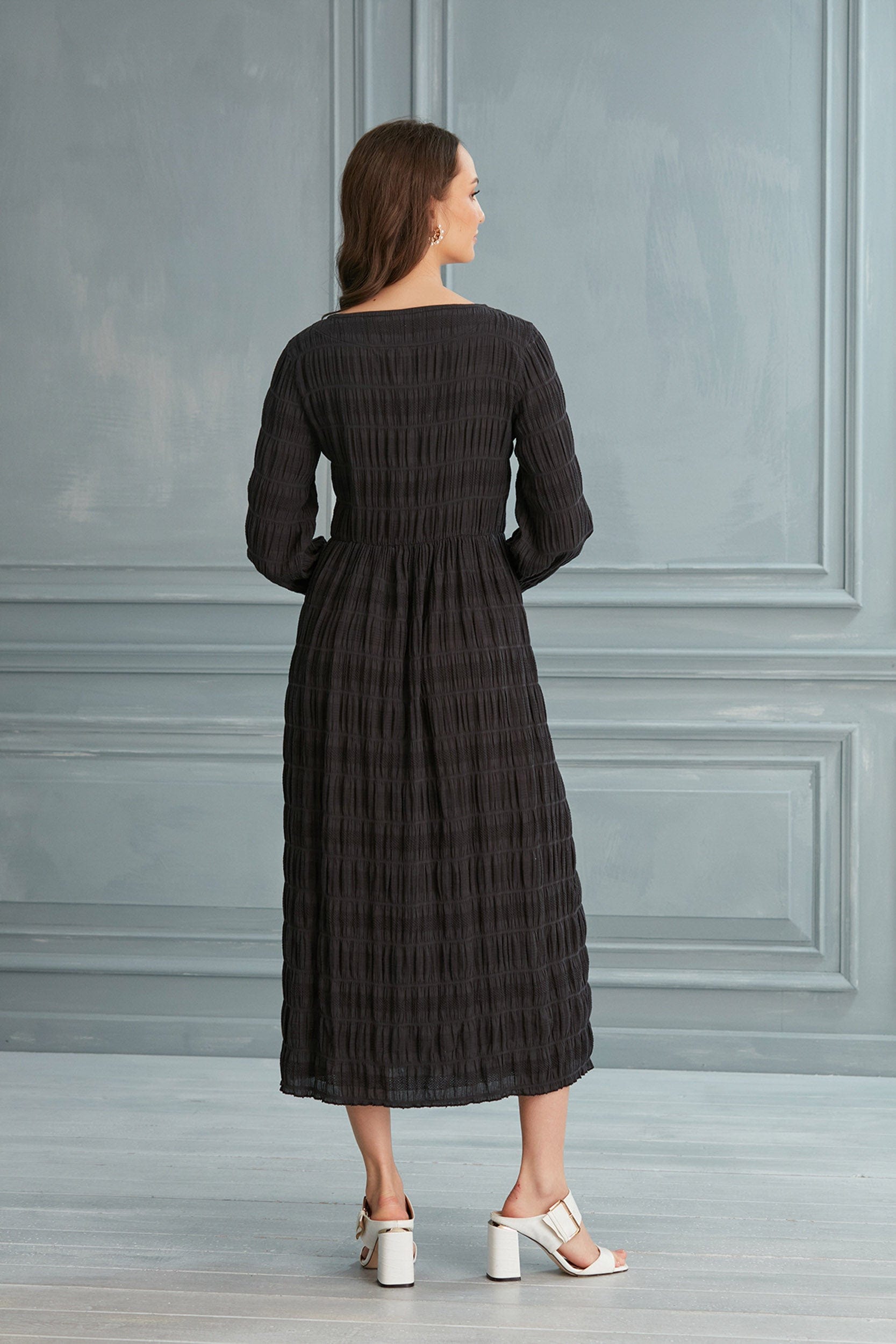 Begonville Elbise Suki Kare Yakalı Midi Elbise - Siyah