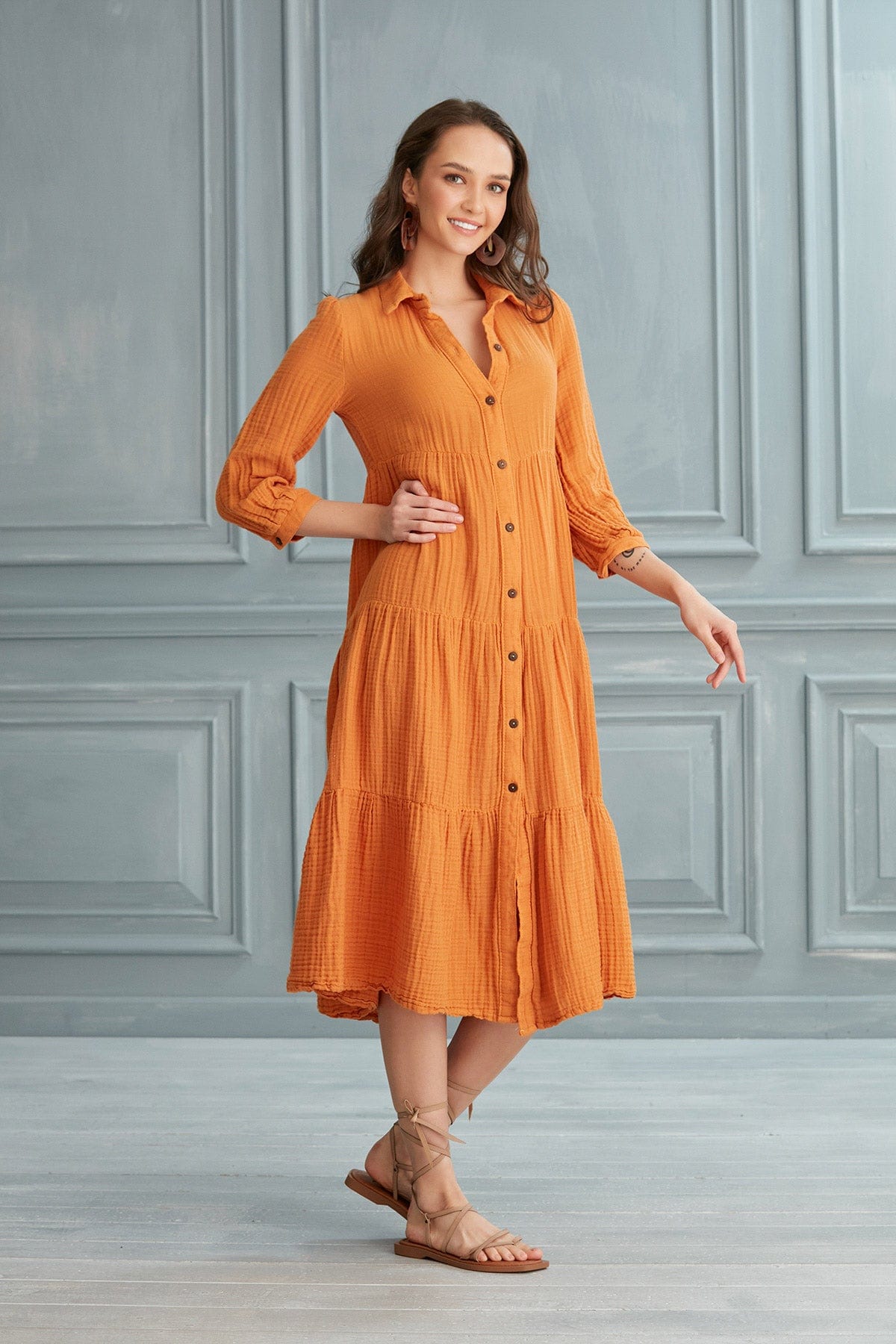 Begonville Gömlek Elbise Maya Uzun Gömlek Elbise - Turuncu