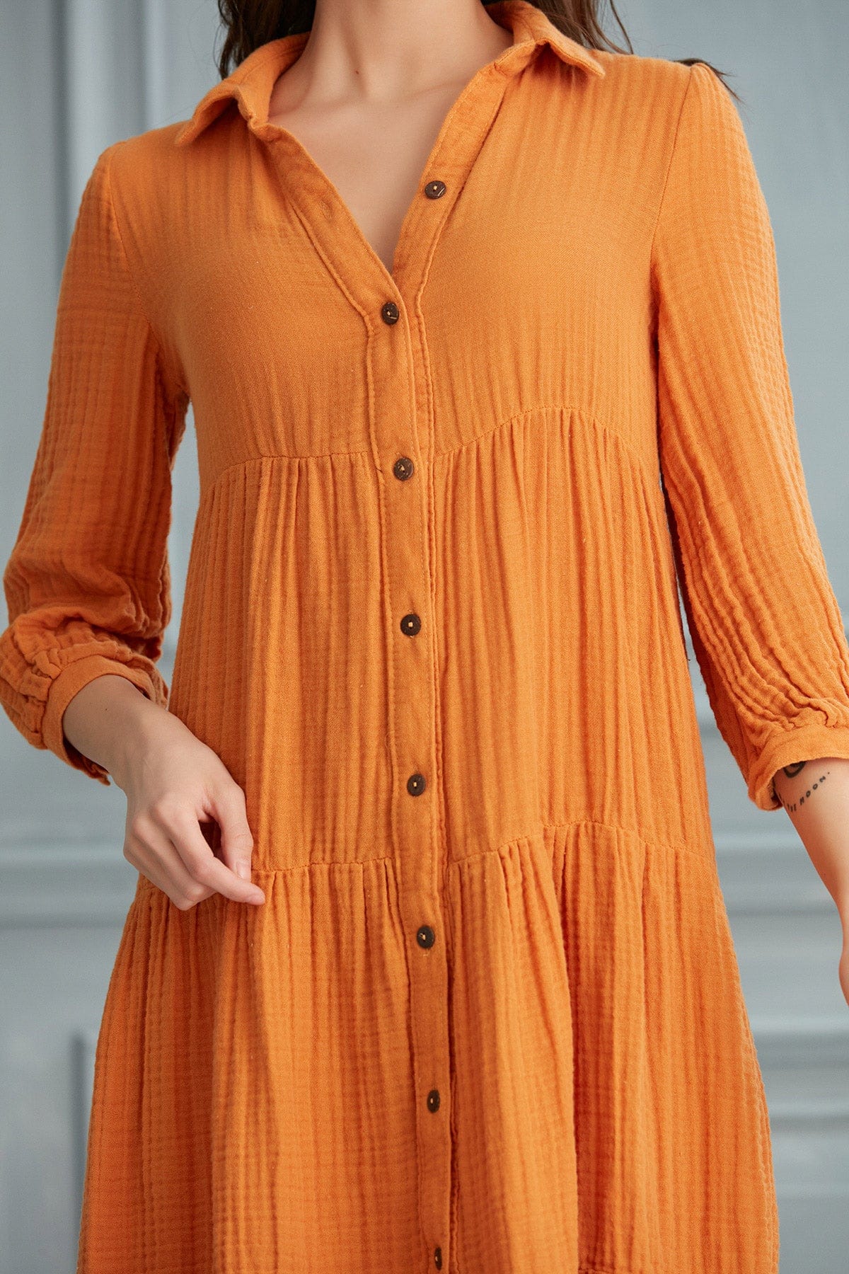 Begonville Gömlek Elbise Maya Uzun Gömlek Elbise - Turuncu