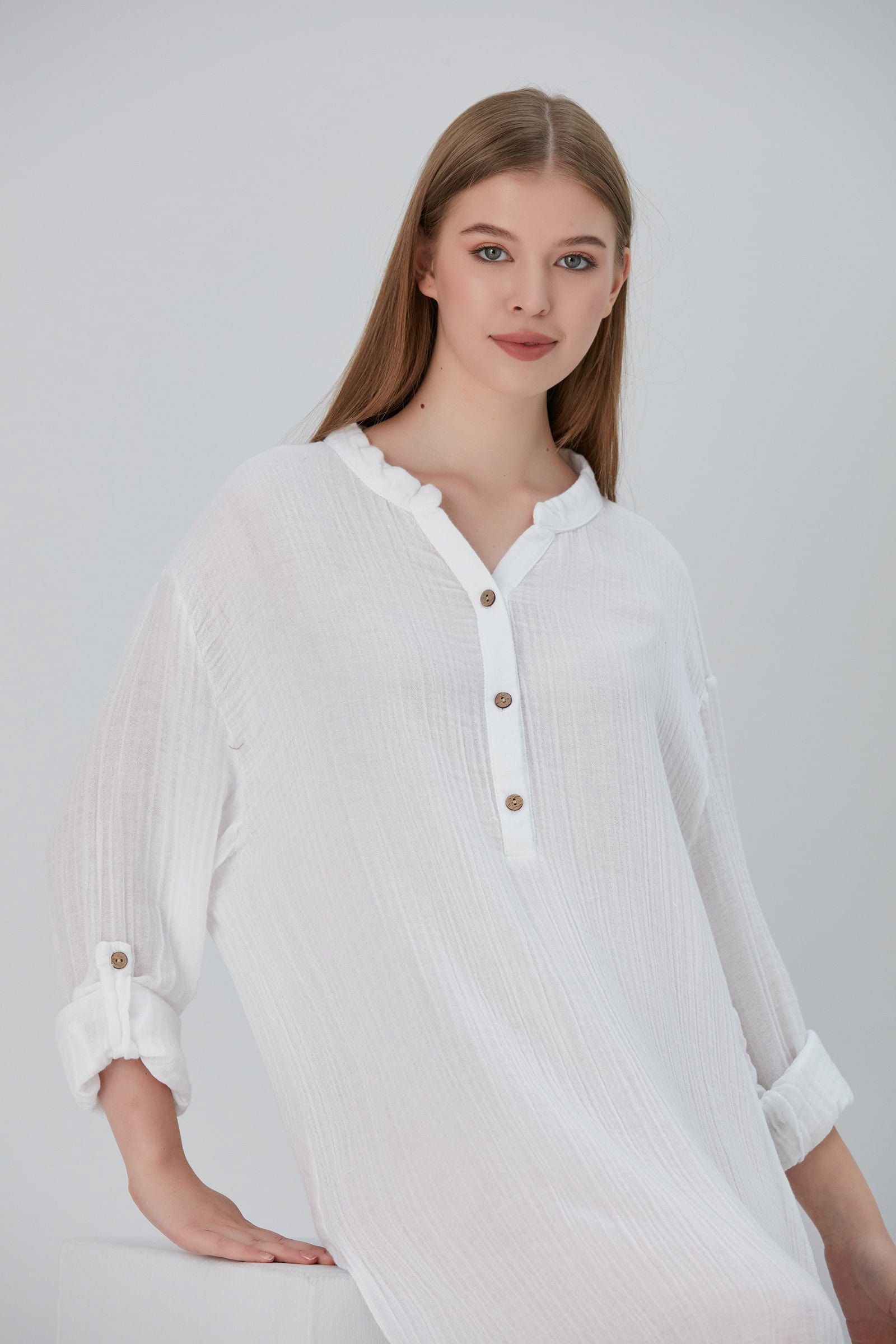 Begonville Maxi Elbise Essentials Düğmeli Rahat Kesim Uzun Elbise - Beyaz