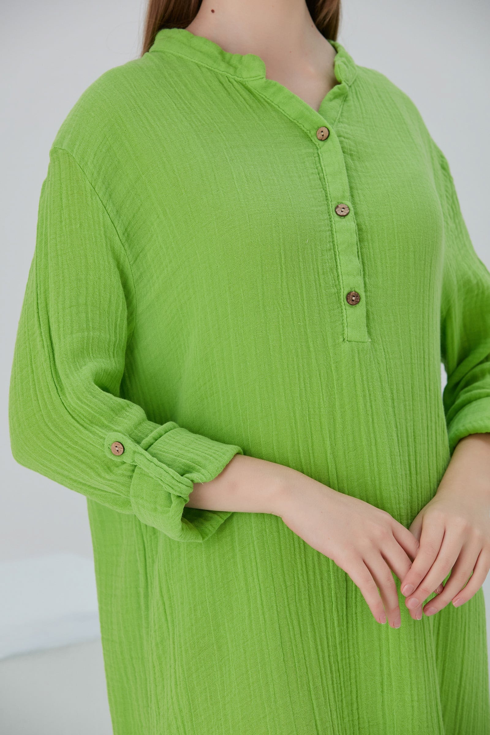 Begonville Maxi Elbise Essentials Düğmeli Rahat Kesim Uzun Elbise - Fıstık Yeşili