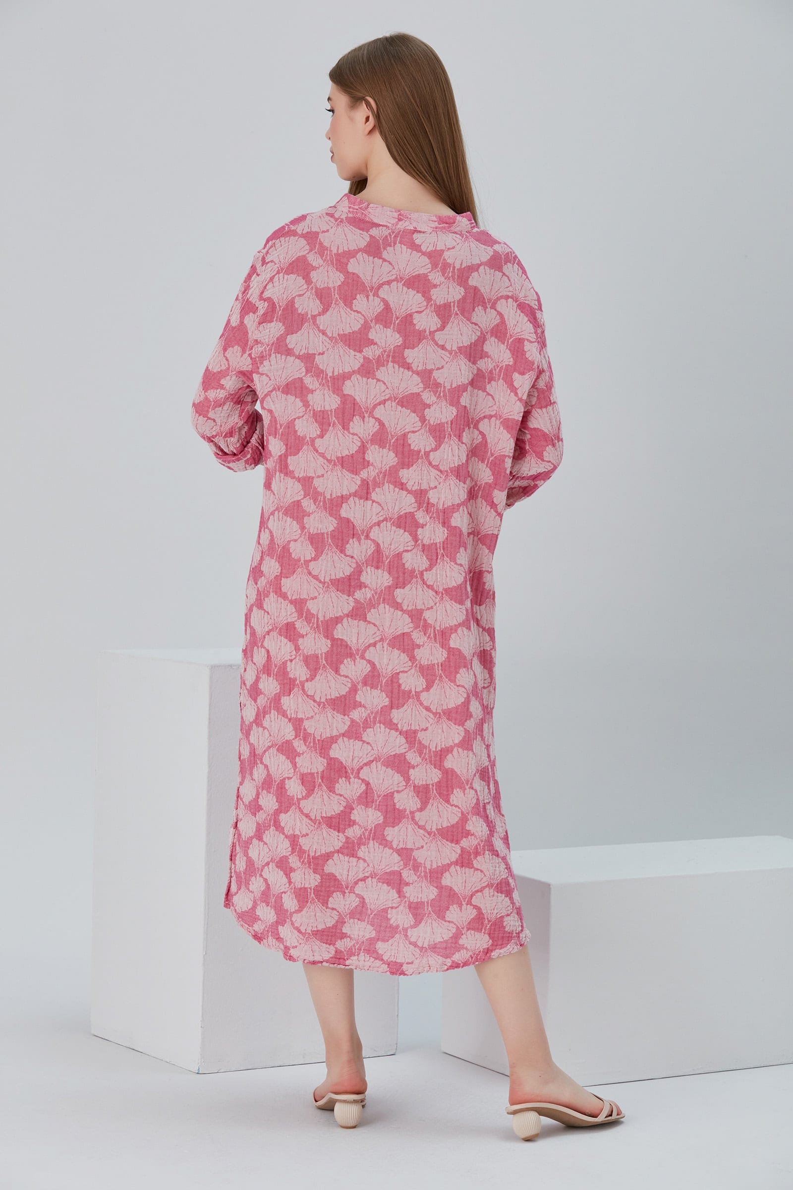 Begonville Maxi Elbise Essentials Düğmeli Rahat Kesim Uzun Elbise - Fuşya