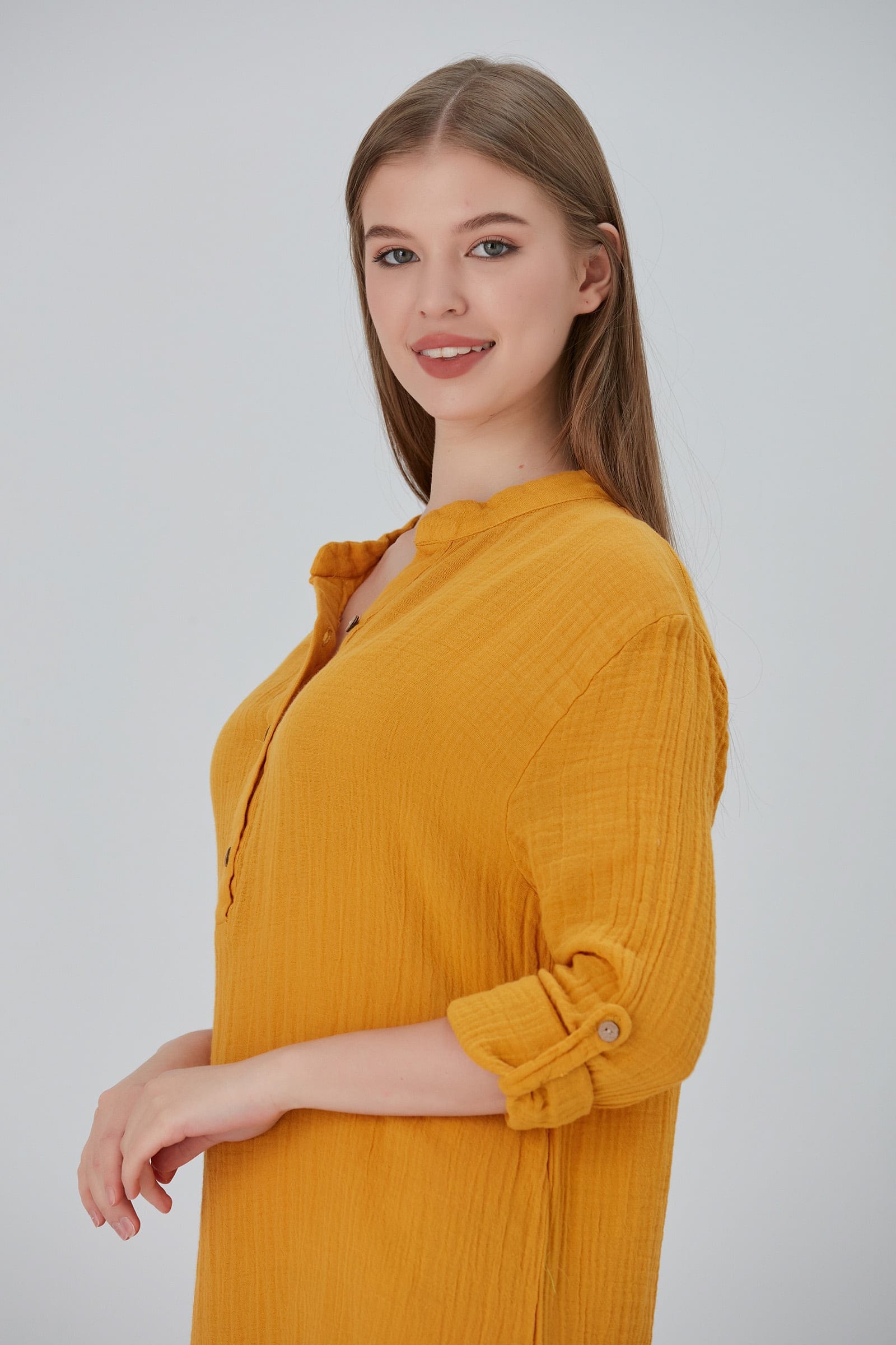 Begonville Maxi Elbise Essentials Düğmeli Rahat Kesim Uzun Elbise - Sarı