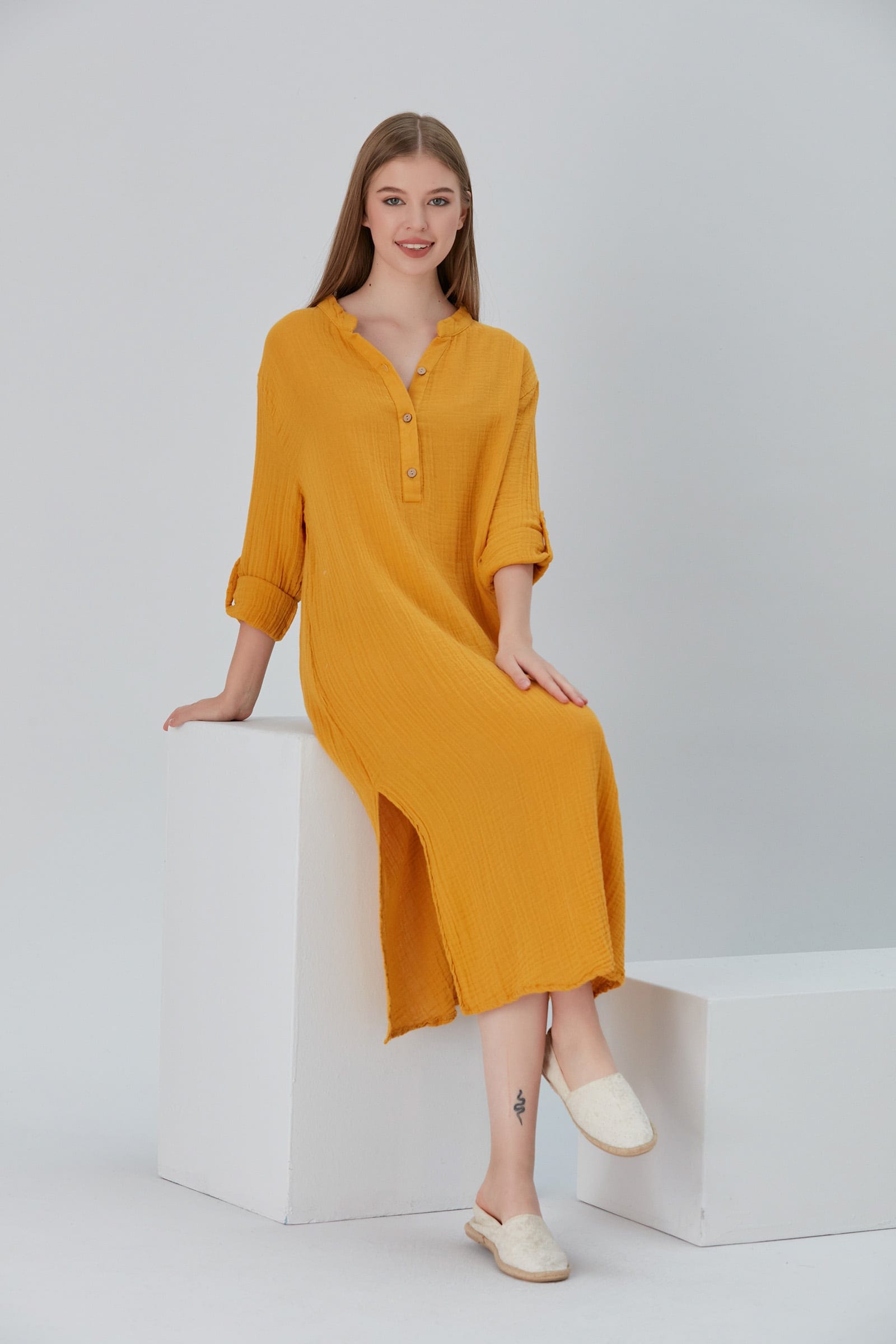 Begonville Maxi Elbise Essentials Düğmeli Rahat Kesim Uzun Elbise - Sarı