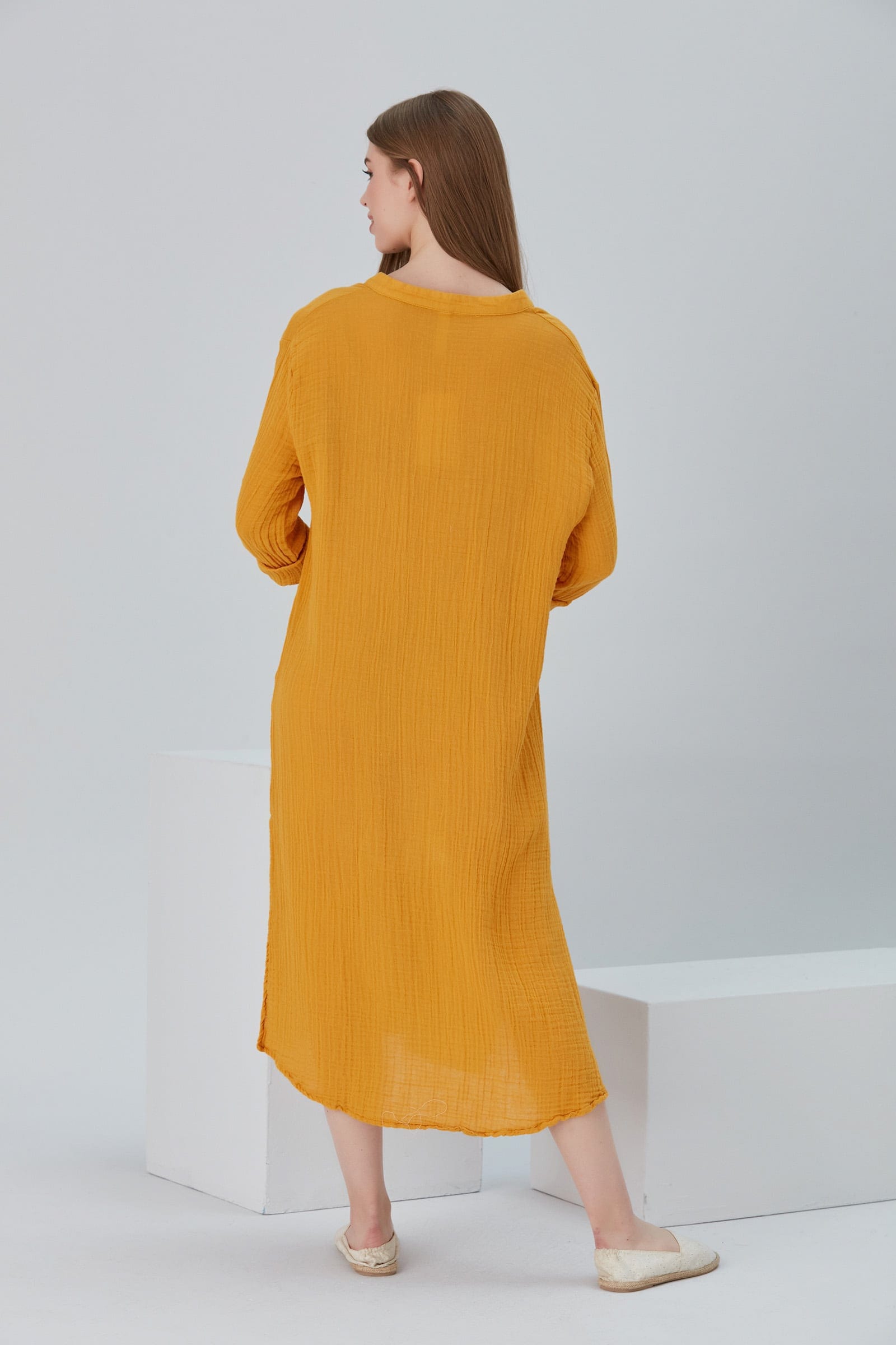 Begonville Maxi Elbise Essentials Düğmeli Rahat Kesim Uzun Elbise - Sarı